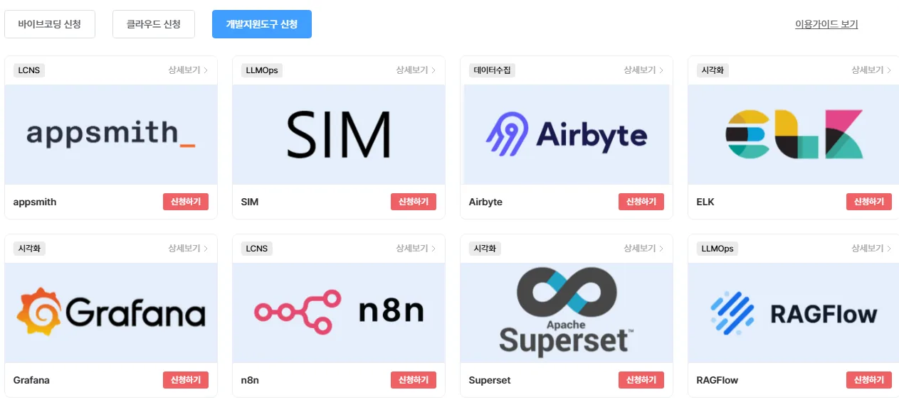모두의 AI 실험실 개발지원도구 — appsmith SIM Airbyte ELK Grafana n8n Superset RAGFlow 신청하기