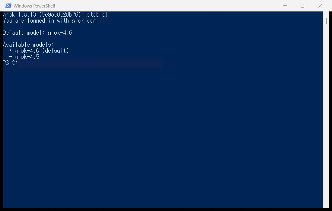 PowerShell grok 1.0.13 stable, You are logged in with grok.com, default grok-4.6